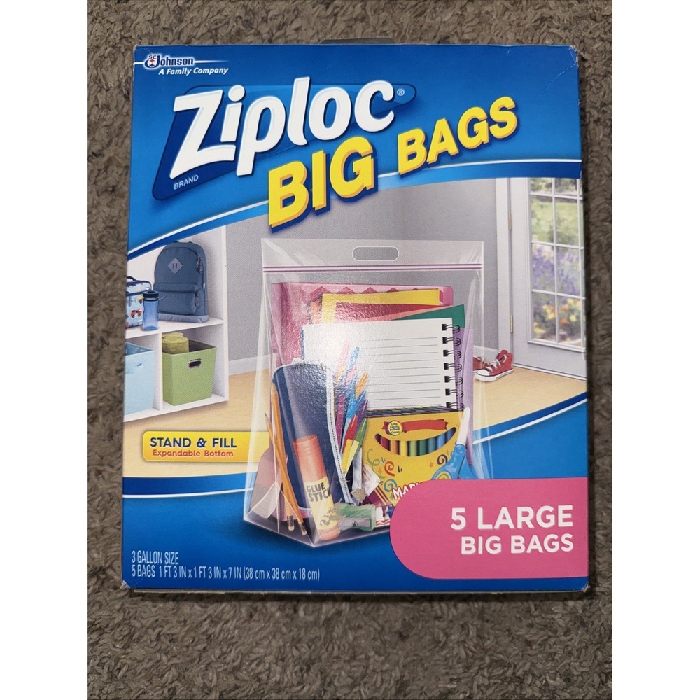 Ziploc‎ Big Bags Large Size 3-Gallon Heavy Duty Zipper Storage 15" x 15" 5-Pack